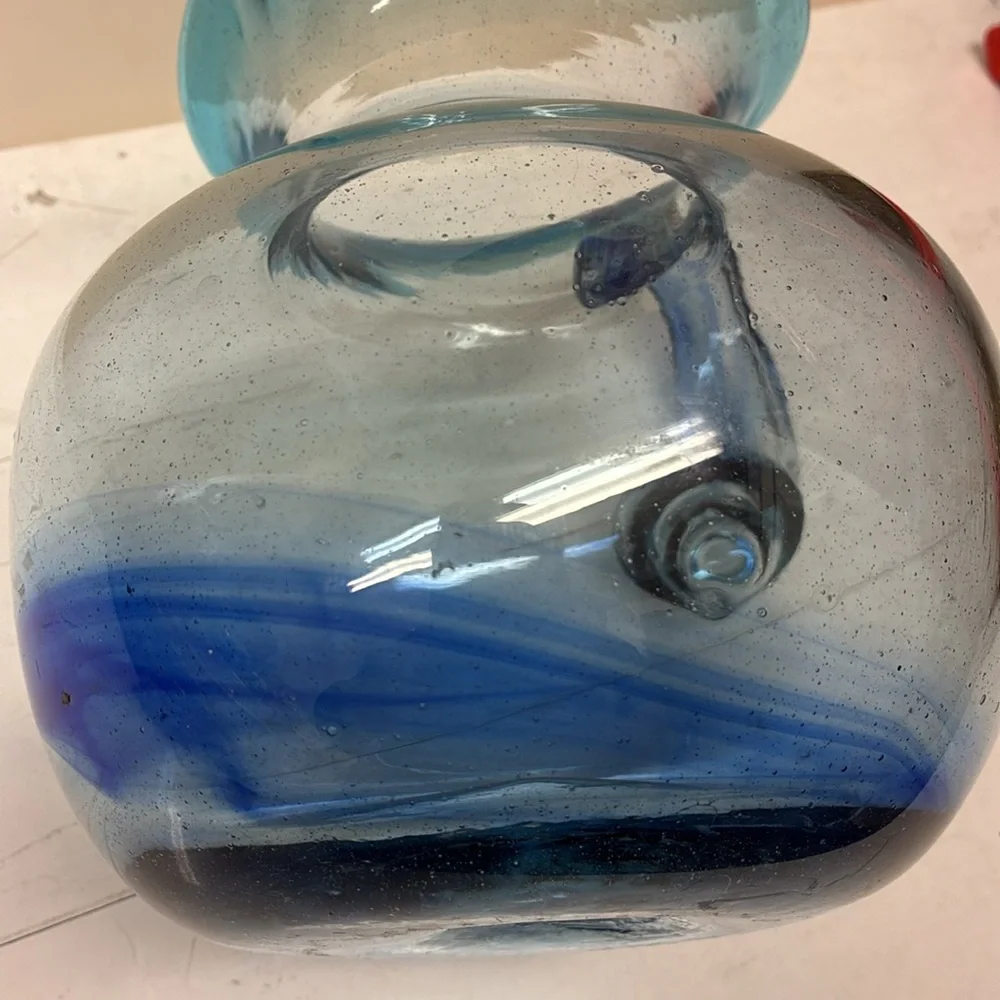 Hand Blown Blue Swirl Pitcher W/ Applied Handle Elegant Blue Glass Pitcher